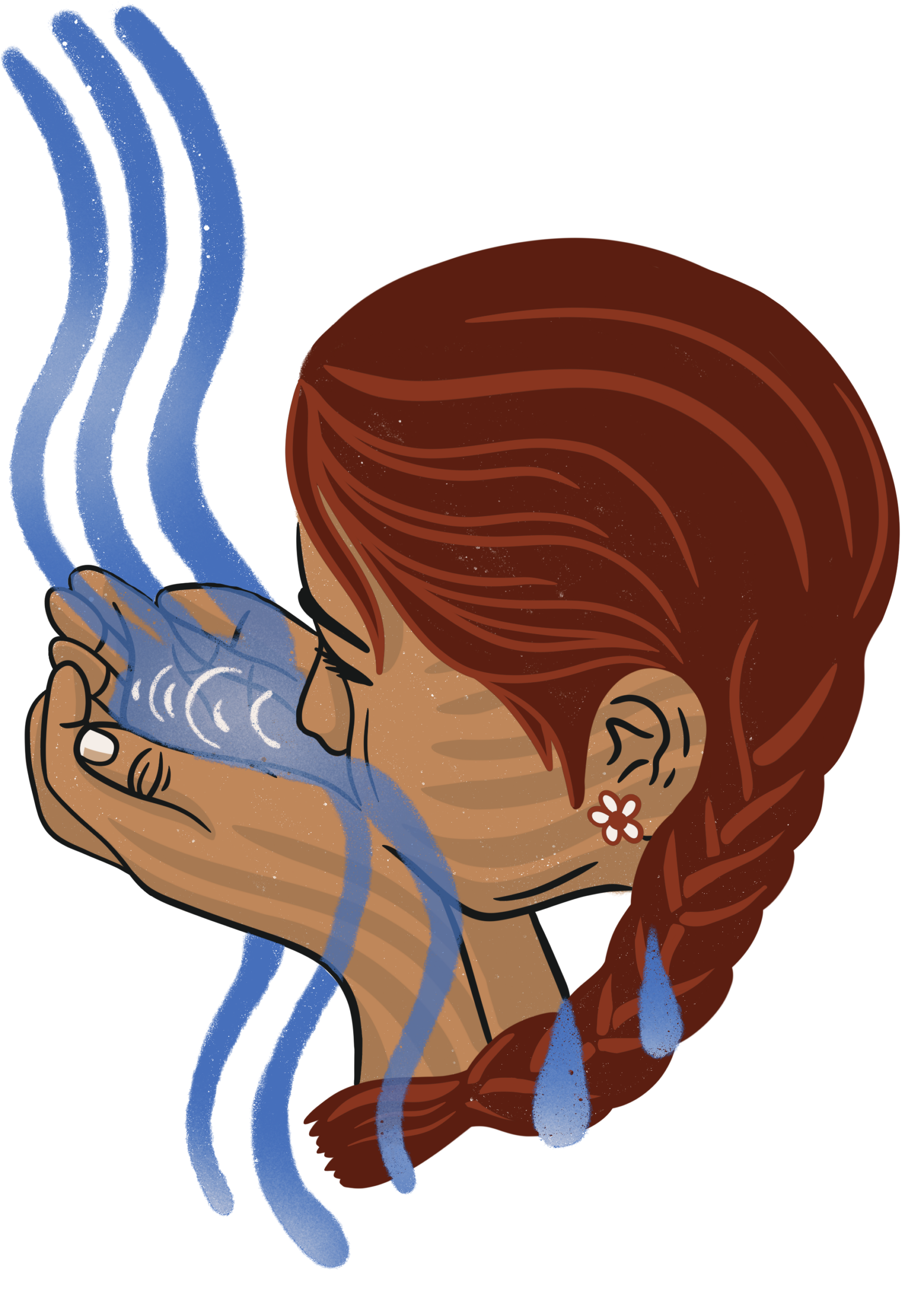 Illustration of a woman drinking from her cupped hands as a continuous stream of water flows into them.