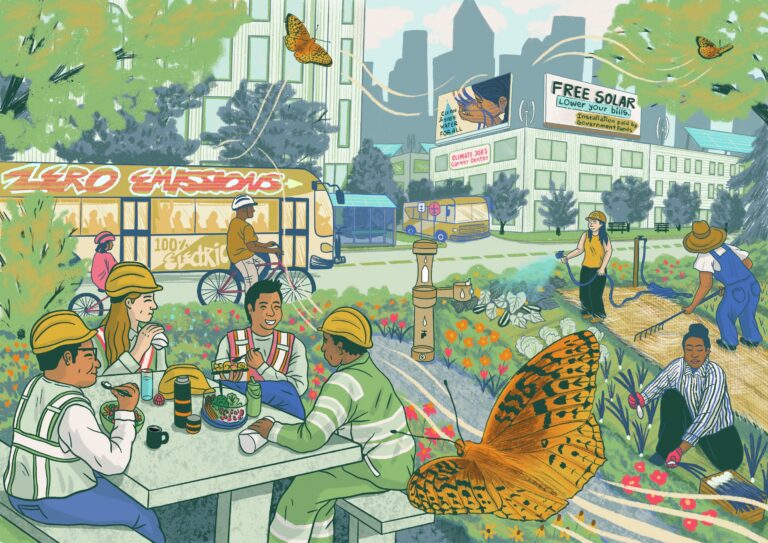 Illustration of construction workers sharing a meal in a lush urban green space, surrounded by blooming flowers, abundant vegetation, and butterflies. Bicyclists and buses in the background reinforce the sense of a clean, livable city.