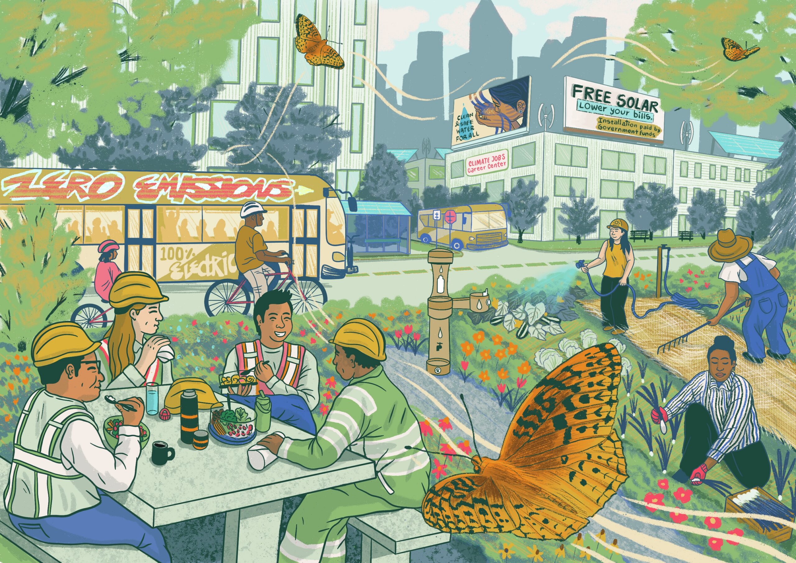 Illustration of construction workers sharing a meal in a lush urban green space, surrounded by blooming flowers, abundant vegetation, and butterflies. Bicyclists and buses in the background reinforce the sense of a clean, livable city.