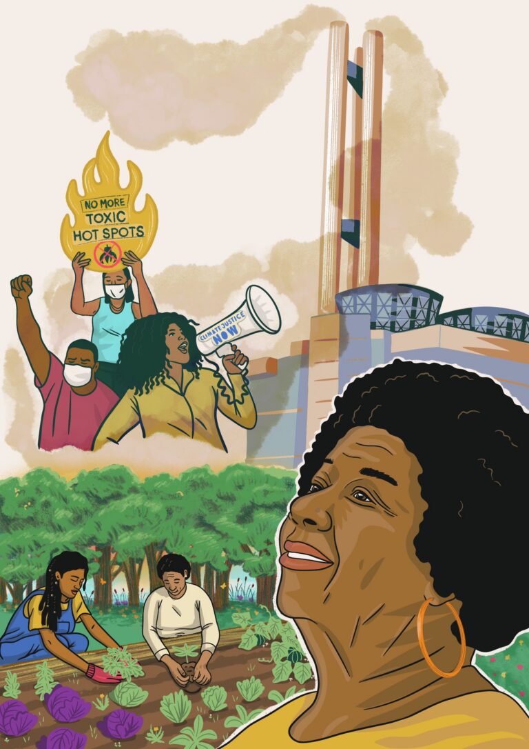 Illustration of an older Black woman, appearing full of hope. Nearby, two young people tend a garden among trees. In the distant background, activists protest industrial pollution, wearing masks as smoke rises from a factory smokestack.