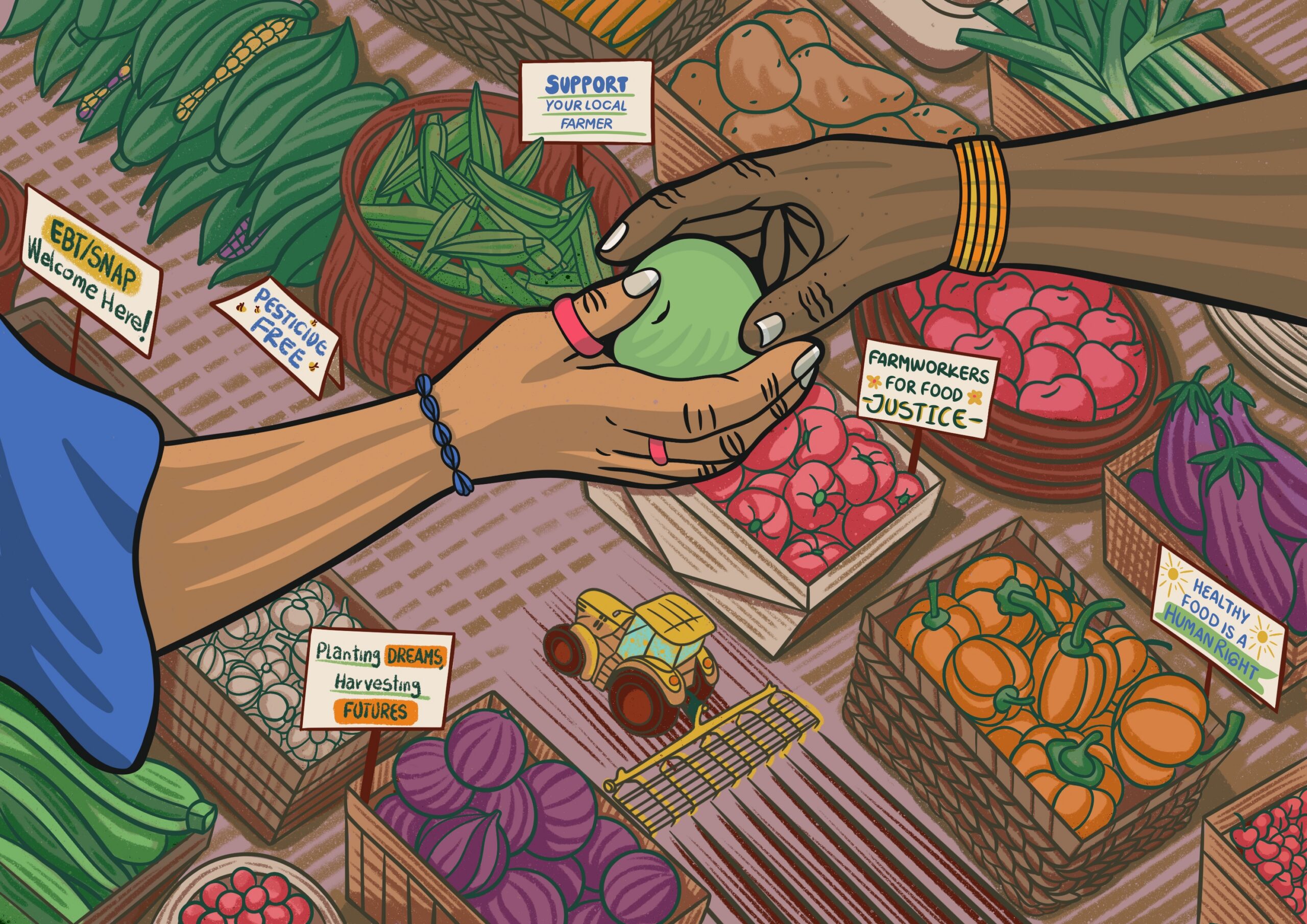 Illustration of hands passing fruit across a farmers market stall, surrounded by colorful produce and signs promoting local farmers and equitable access to food.