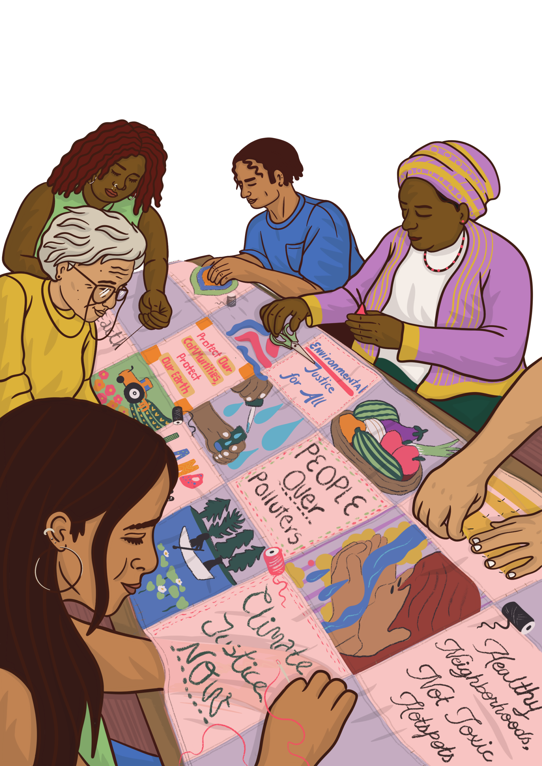 Illustration of a diverse group of people gathered around a table, creating a colorful quilt featuring themes of environmental justice.