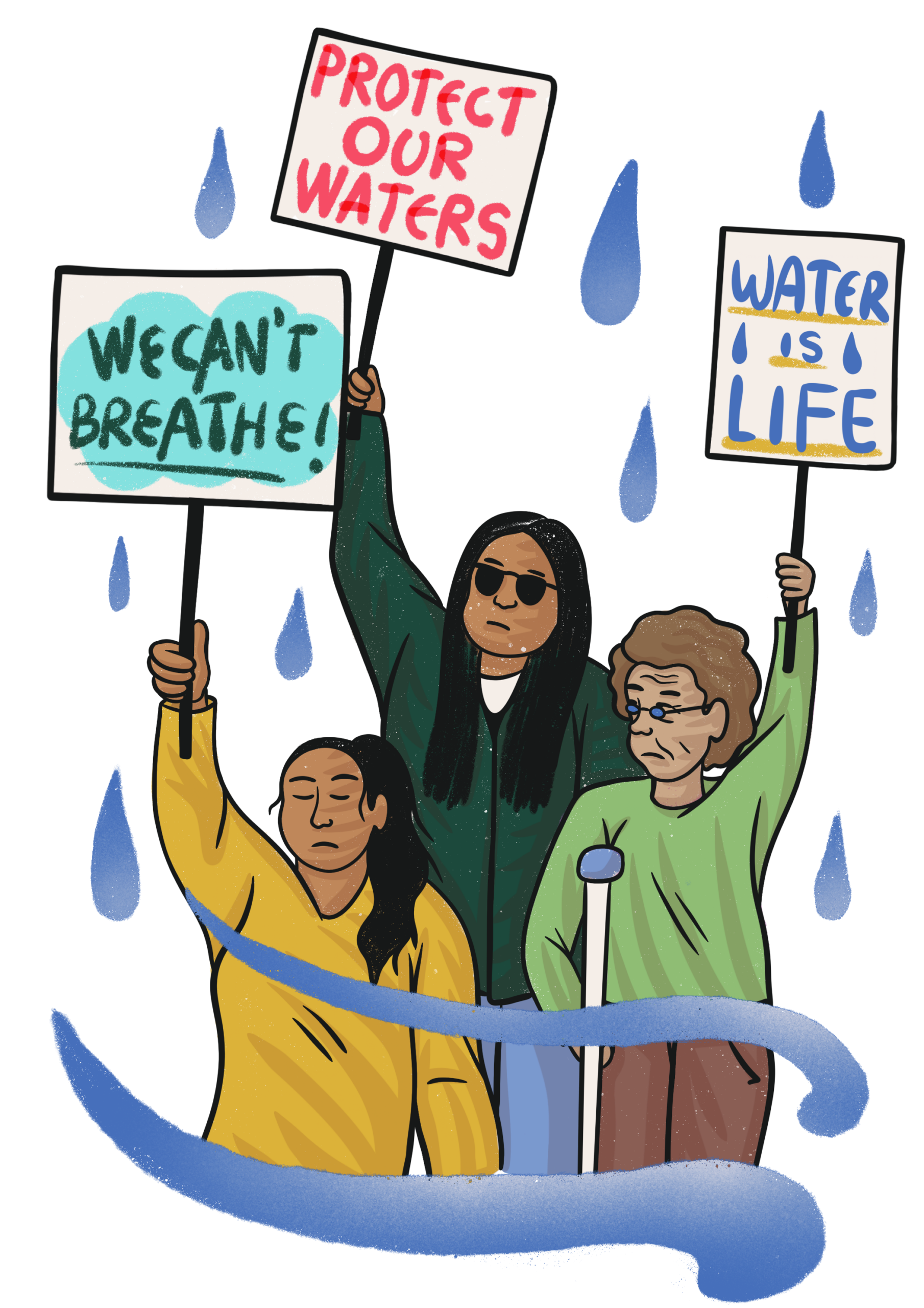 Three people holding picket signs reading, "Protect Our Waters", "We Can't Breathe", and "Water Is Life"