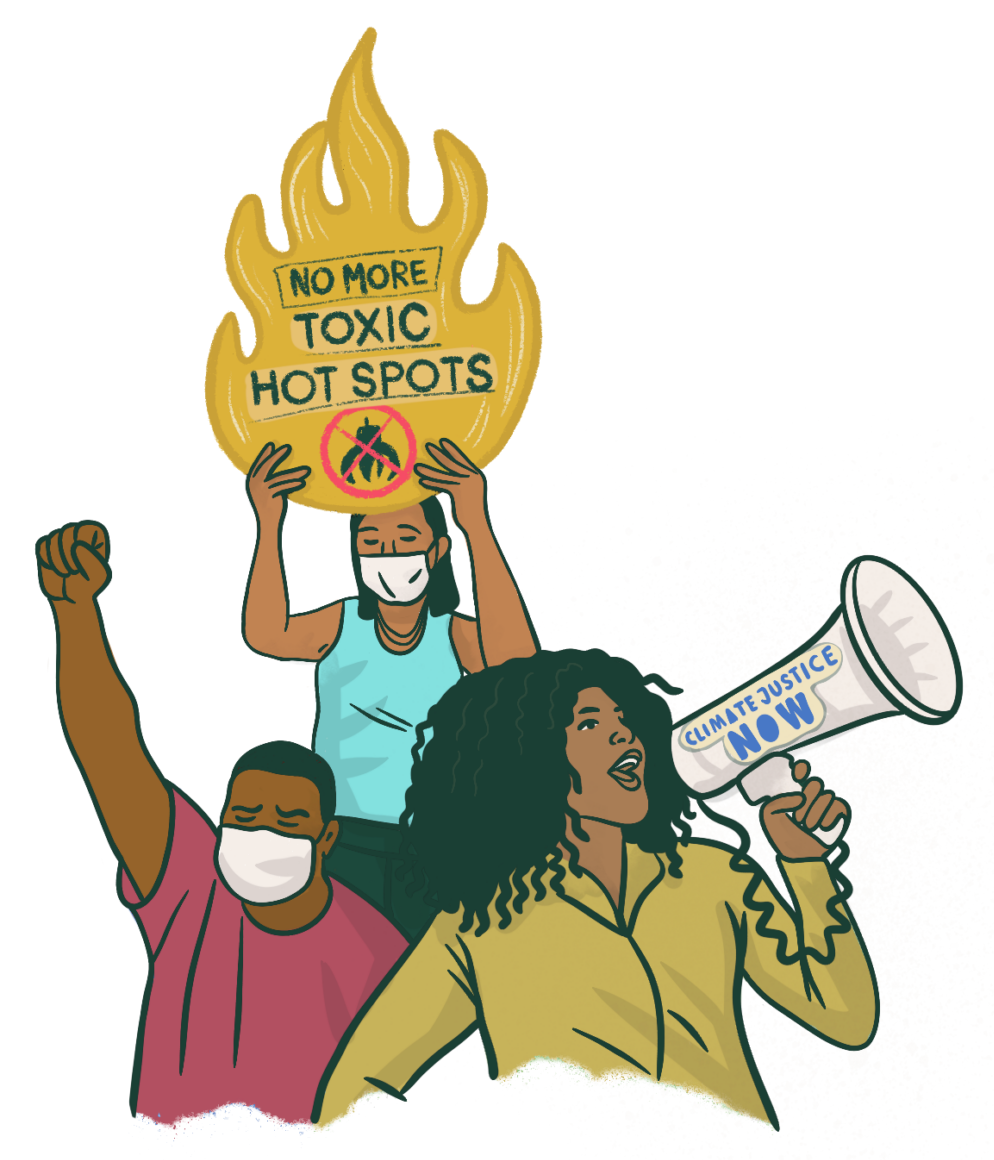 Illustration of activists demanding climate justice; as one addresses the crowd with a loudspeaker while another raises a flame-shaped sign that reads No More Toxic Hot Spots.