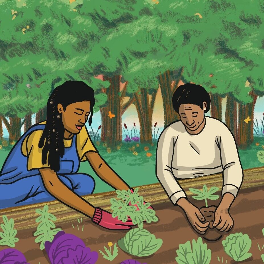 Two people tend a garden among trees. One with hair in braids or locs wears blue overalls and pink gloves and kneels beside an older woman with short hair wearing pearl earrings.