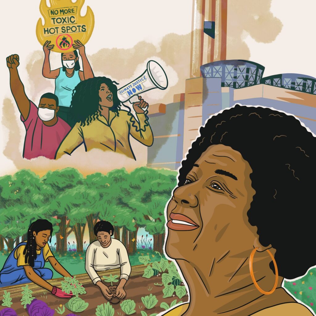 Illustration of an older Black woman, appearing full of hope. Nearby, two young people tend a garden among trees. In the distant background, activists protest industrial pollution, wearing masks as smoke rises from a factory smokestack.
