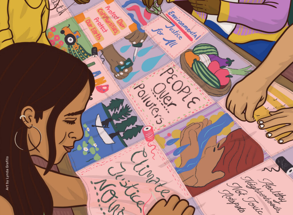 A young Woman of Color sows a quilt with messages like "People Over Polluters" "Climate Justice Now" and more. There is other hands also sewing.